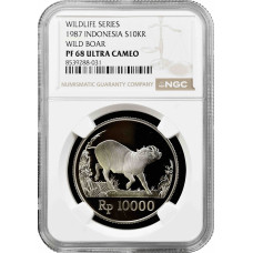 Indonesia 10000 rupiah 1987, NGC PF68 UC, "Wild Boad" silver coin
