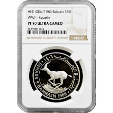 Bahrain 5 dinars 1986, NGC PF70 UC, "World Wildlife Fund - Gazelle" Top Pop