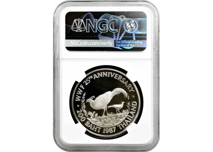 Таиланд 200 бат 1987 г., NGC PF69 UC, "25 лет WWF - Сиамский огненный фазан"