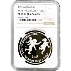 Malta 5 liri 1991, NGC PF69 UC, "Save the Children Fund" Top Pop silver coin
