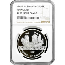 Singapore 1 oz 1985 S, NGC PF69 UC, "Keying Chinese Junk" Top Pop silver coin