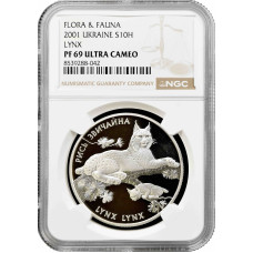 Ukraine 10 hryven 2001, NGC PF69 UC, "Flora and Fauna - Eurasian lynx" silver