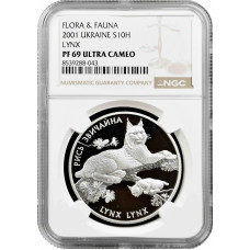 Ukraine 10 hryven 2001, NGC PF69 UC, "Flora and Fauna - Eurasian lynx" silver