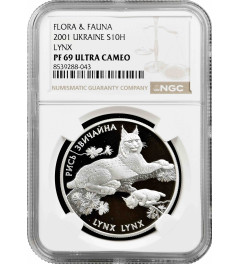 Ukraine 10 hryven 2001, NGC PF69 UC, "Flora and Fauna - Eurasian lynx" silver