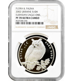 Ukraine 10 hryven 2002, NGC PF70 UC, "Flora and Fauna - Eagle Owl" Top Pop