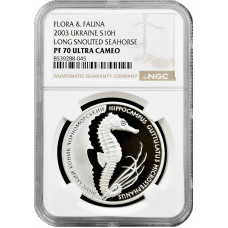 Ukraine 10 hryven 2003, NGC PF70 UC, "Flora and Fauna - Seahorse" Top Pop