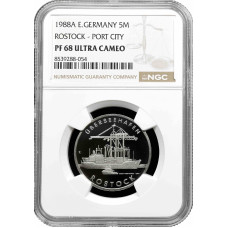 Німеччина - НДР 5 марок 1988 року, NGC PF68 UC, "30-та річниця - Порт Росток"
