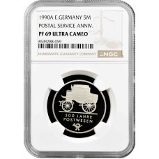 Deutschland – DDR 5-Marke 1990, NGC PF69 UC, „500 Jahre Postdienste“, Top Pop
