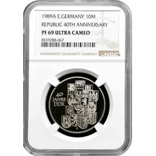 Deutschland – DDR 10-Dollar-Marke 1989, NGC PF69 UC, „40. Jahrestag der DDR“, Top Pop