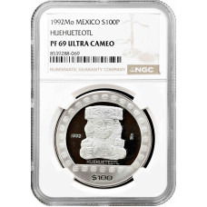 Мексика 100 песо 1992 Mo, NGC PF69 UC,"Доколумбовий період - Huehueteotl" срібна монета