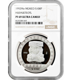 Mexico 100 pesos 1992 Mo, NGC PF69 UC, "Pre-Columbian - Huehueteotl" silver coin