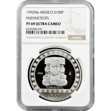Mexiko 100 Pesos 1992 Mo, NGC PF69 UC, „Präkolumbianische – Huehueteotl“ Silbermünze