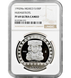 Mexico 100 pesos 1992 Mo, NGC PF69 UC, "Pre-Columbian - Huehueteotl" silver coin