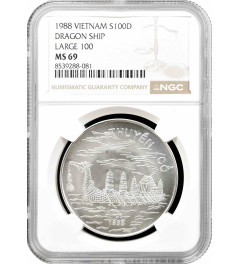 Vietnam 100 dong 1988, NGC MS69, "Asian Dragon Ship" silver coin