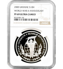 Ukraine 10 hryven 2000, NGC PF69 UC, "World War II Anniversary" silver coin