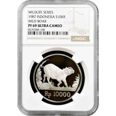 Індонезія 10000 рупій 1987 року, NGC PF69 UC, срібна монета "Дикий кабан"