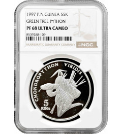 Papua New Guinea 5 kina 1998, NGC PF68 UC, "Endangered Wildlife - Green python"