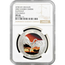 Zambia 5000 kwacha 2002, NGC MS67, "African Wildlife - Elephants" colorised