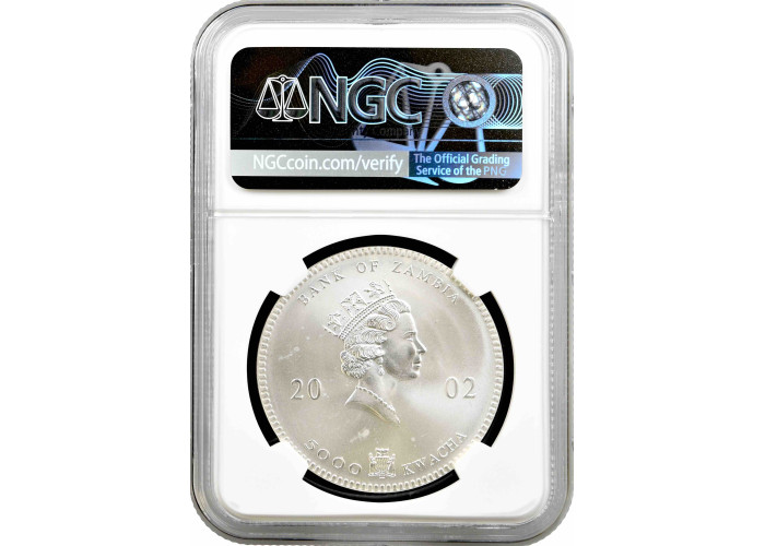 Zambia 5000 kwacha 2002, NGC MS67, "African Wildlife - Elephants" colorised