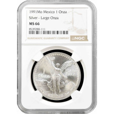 Мексика 1 онза 1991 г. Mo, NGC MS66, "Серебряная инвестиционная монета "Libertad" LARGE ONZA