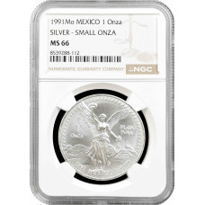 Мексика 1 онза 1991 г. Mo, NGC MS66, "Серебряная инвестиционная монета "Libertad" SMALL ONZA