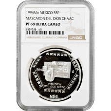 Мексика 5 песо 1994 Mo, NGC PF68 UC, "Maya - Mascaron Del Dios Chaac"