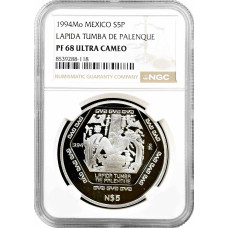 Мексика 5 песо 1994 г. Mo, NGC PF68 UC, "Майя - Lapida Tumba de Palenque"