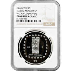 Мексика 5 песо 1998 Mo, NGC PF68 UC, "Доколумбові ольмеки - церемоніальна хача"