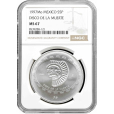 Мексика 5 песо 1997 Mo, NGC MS67, срібна монета «Teotihuacan - Disco de la Muerte»