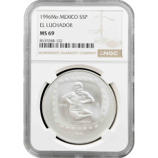 Мексика 5 песо 1996 Mo, NGC MS69, "Olmec - El Luchador" Top Pop срібна монета