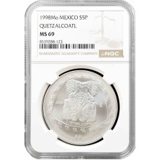 Мексика 5 песо 1998 Mo, NGC MS69, "Pre-Columbian Toltec - Quetzalcoatl"
