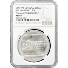 Мексика 5 песо 1993 Mo, NGC MS67, срібна монета "Veracruz - Palma Con Cocodrilo"
