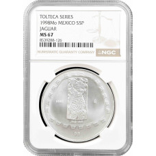Мексика 5 песо 1998 Mo, NGC MS67, срібна монета "Pre-Columbian Toltec - Jaguar"