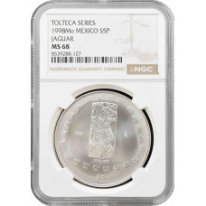 Мексика 5 песо 1998 Mo, NGC MS68, срібна монета "Pre-Columbian Toltec - Jaguar"