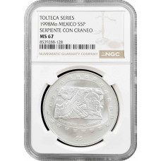 Мексика 5 песо 1998 Mo, NGC MS67, "Pre-Columbian Toltec - Serpiente Con Craneo"