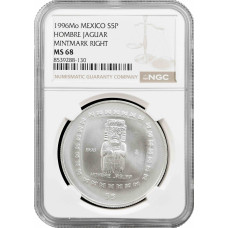 Мексика 5 песо 1996 Mo, NGC MS68, срібна монета "Olmec - Hombre Jaguar"