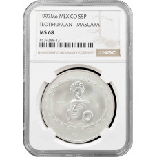 Мексика 5 песо 1997 Mo, NGC MS68, "Pre-Columbian Teotihuacan - Mascara"