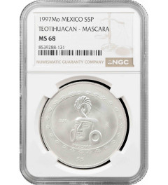 Mexico 5 pesos 1997 Mo, NGC MS68, "Pre-Columbian Teotihuacan - Mascara"