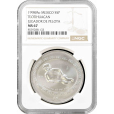 Мексика 5 песо 1998 Mo, NGC MS67, "Teotihuacan - Jugador de Pelota"