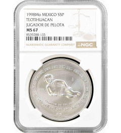 Mexico 5 pesos 1998 Mo, NGC MS67, "Teotihuacan - Jugador de Pelota"