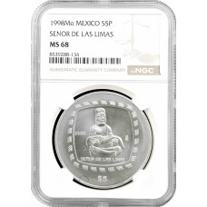 Мексика 5 песо 1998 Mo, NGC MS68, срібна монета "Olmec - Senor De Las Limas"