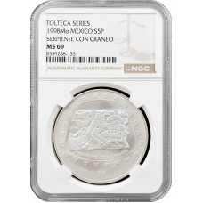Мексика 5 песо 1998 Mo, NGC MS69, "Pre-Columbian Toltec - Serpiente Con Craneo"