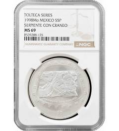 Mexico 5 pesos 1998 Mo, NGC MS69, "Pre-Columbian Toltec - Serpiente Con Craneo"
