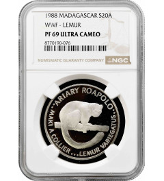 Madagascar 20 ariary 1988, NGC PF69 UC, "World Wildlife Fund - Lemur"