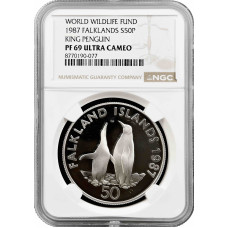 Falkland Islands 50 pence 1987, NGC PF69 UC, "World Wildlife Fund - King Penguins"