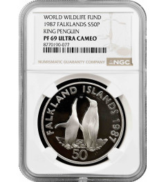 Falkland Islands 50 pence 1987, NGC PF69 UC, "World Wildlife Fund - King Penguins"