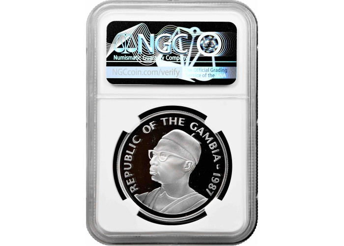 Gambia 20 dalasis 1987, NGC PF70 UC, "World Wildlife Fund - Red Colobus Monkey"