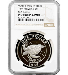 Bermuda 1 dollar 1986, NGC PF70 UC, "World Wildlife Fund - Sea Turtle" Top Pop