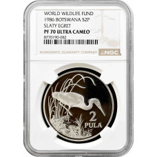 Botswana 2 pula 1986, NGC PF70 UC, "World Wildlife Fund - Slaty Egret" Top Pop