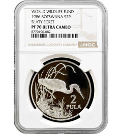 Botswana 2 pula 1986, NGC PF70 UC, "World Wildlife Fund - Slaty Egret" Top Pop